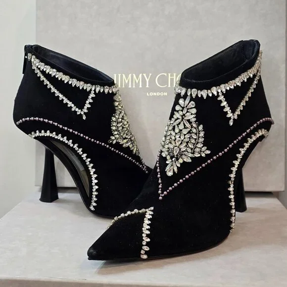 JIMMY CHOO Kendrix 100 - Suede Booties with Embroidery Black/White - Picture 2 of 15